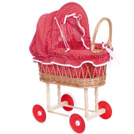 PRAM WICKER WITH RED & WHITE DOTS